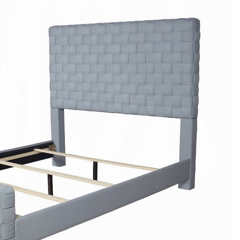 Reah Queen Size Bed, Light Teal Blue Chenille, Gray Panel Headboard - Benzara
