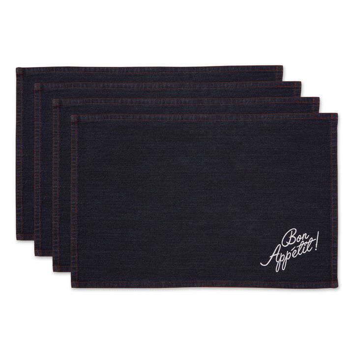 Set of 4 Blue Bon Appetit Embroidered Denim Rectangular Placemats 19"
