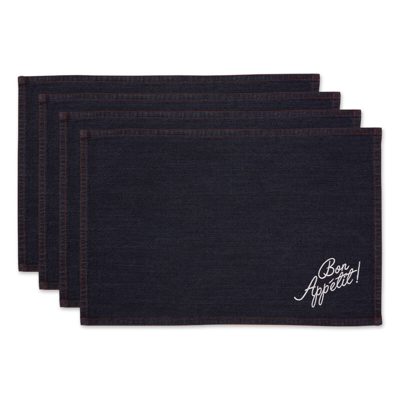 Set of 4 Blue Bon Appetit Embroidered Denim Rectangular Placemats 19"