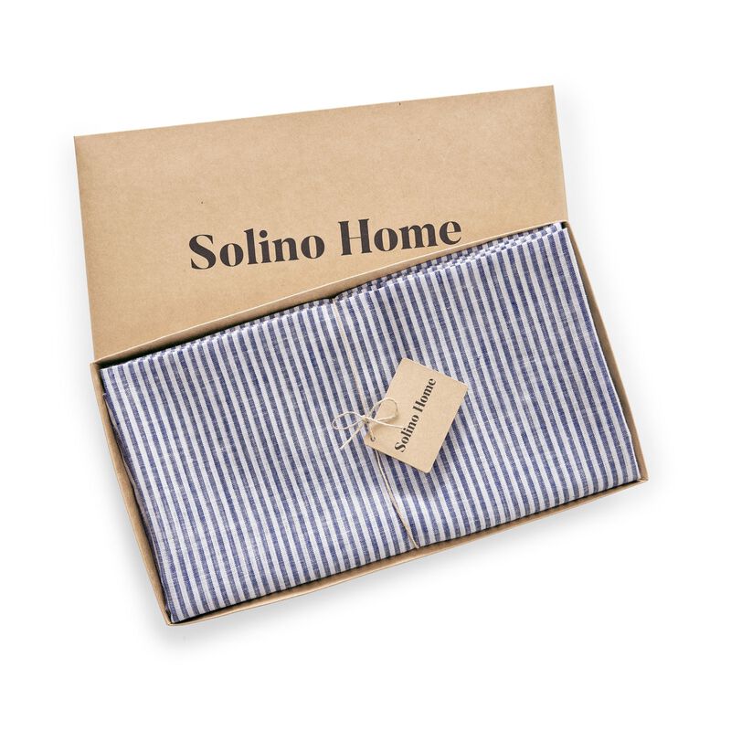 Solino Home 100% Pure Linen Round Tablecloth | Narrow Stripe for Thanksgiving, Christmas