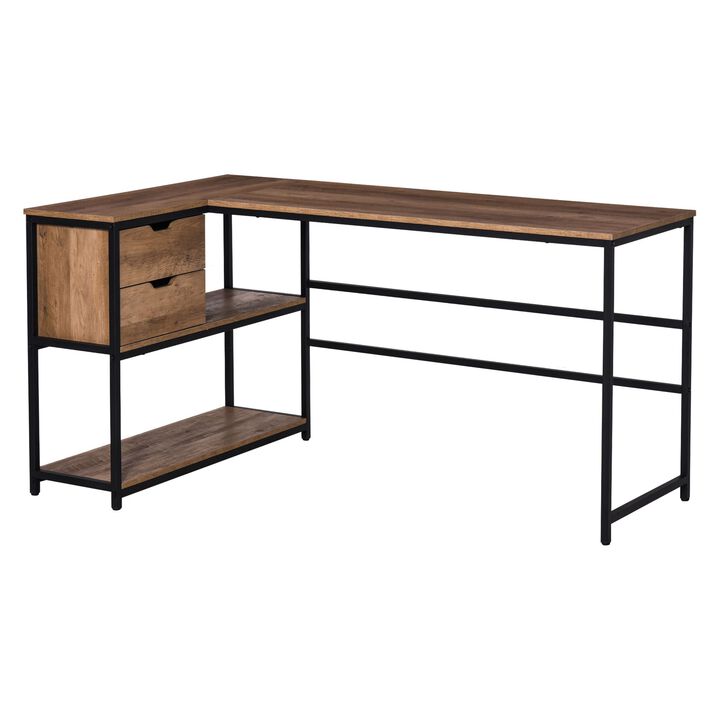 Brown Corner Workstation: L-Shaped Desk with Storage and Drawer