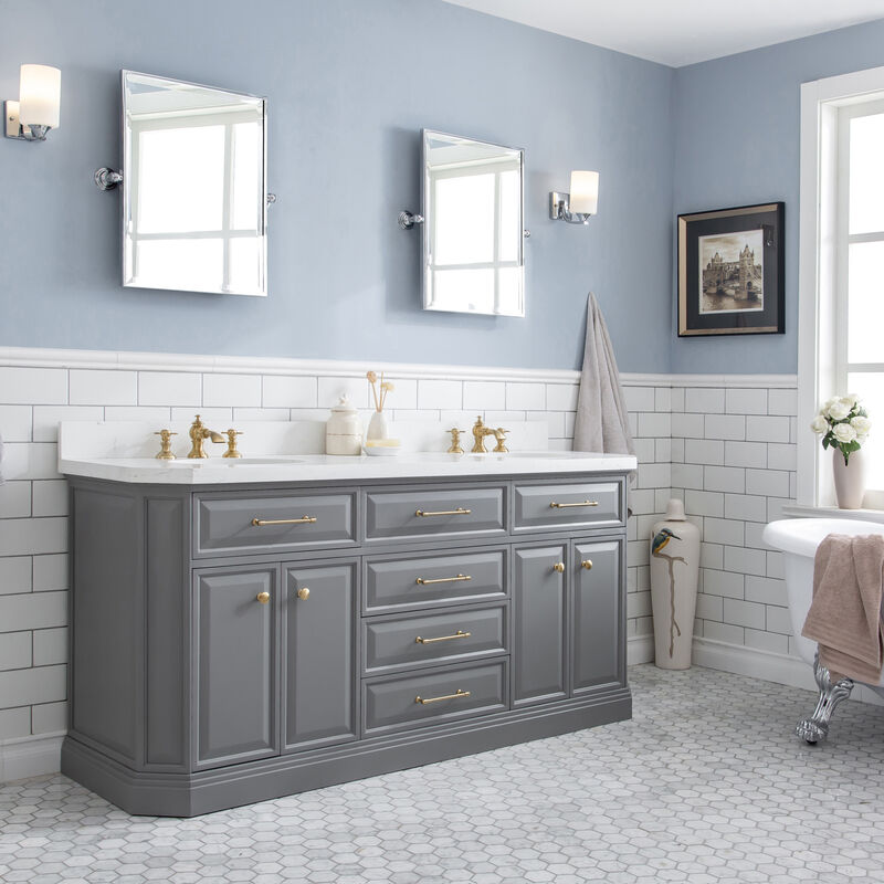Palace 72 In. Double Sink Carrara Quartz Countertop Bath Vanity in Cashmere Grey with Satin Gold Hardware