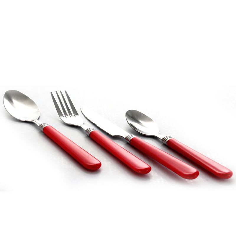 Gibson Sensations II 16 Piece Stainless Steel Flatware Set with Red Handles and Chrome Caddy