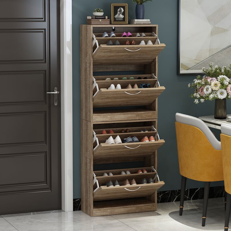 22.4 in. W x 29.5 in. H Brown Wood Louver Door Shoe Storage Cabinet with 2-Drawers for Entryway Hallway