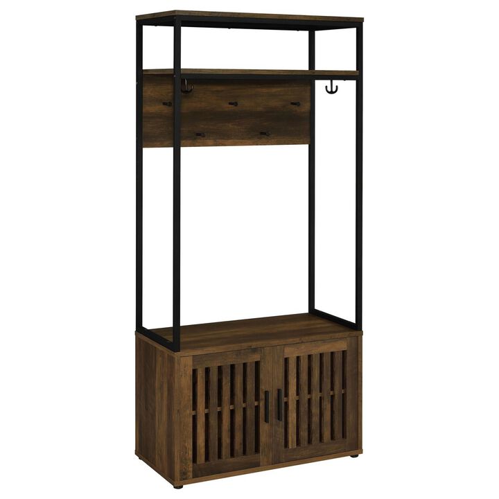 71 Inch Hall Tree Coat Rack, Shoe Cabinet with Shelves, Brown, Black - Benzara