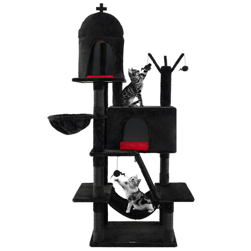 Gothic Cat Tree with 2 Cat Condos and Spooky Dangling Ball for Indoor Cats