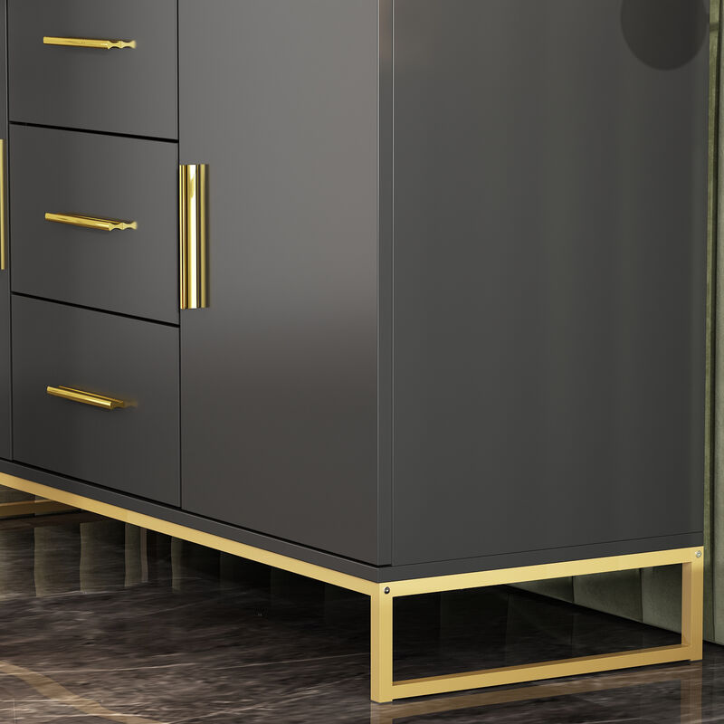 Black Storage Accent Cabinets with 3-Drawers and 2-Cabinets, Metal Legs Cupboard Floor-Standing Sideboard