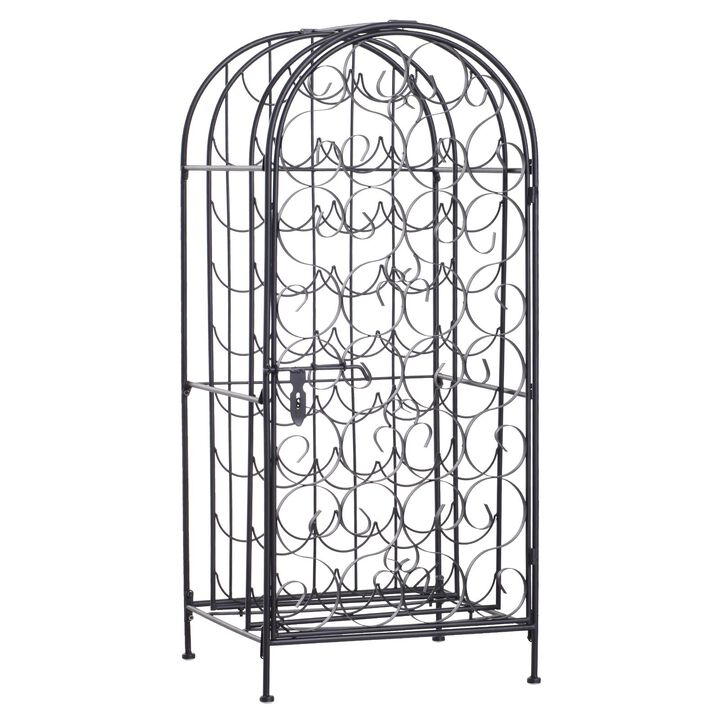 Classic Black Wine Jail: 35-Bottle Wrought Iron Rack with Lock