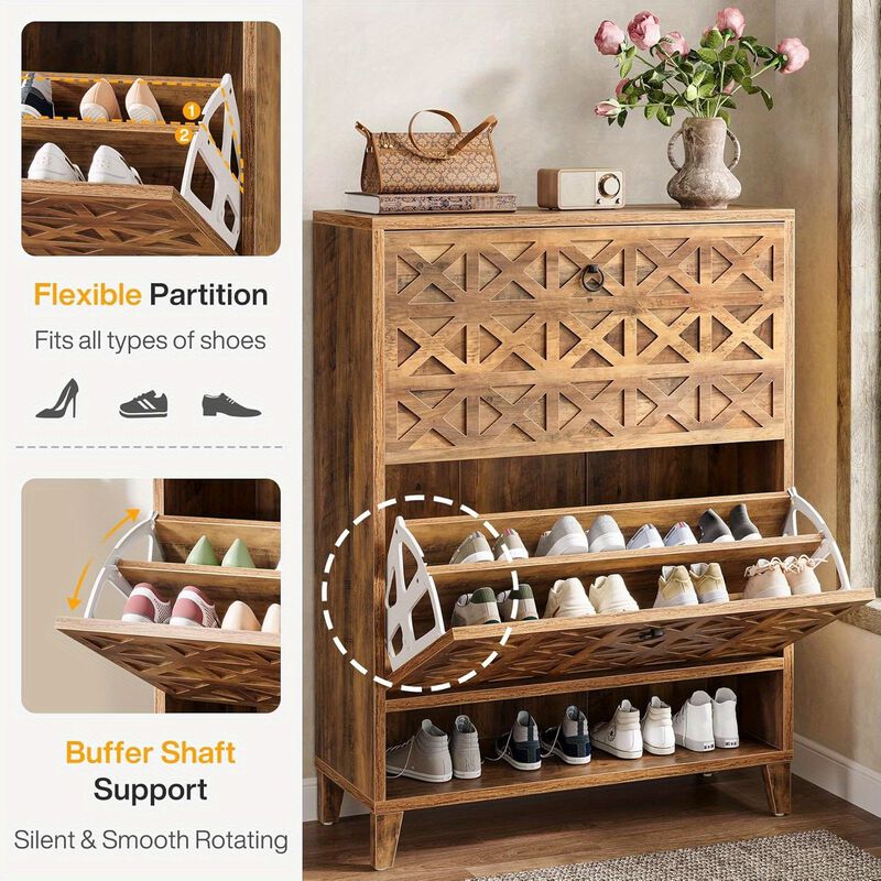 2-Flip Drawer Brown Freestanding Shoe Storage Cabinet, Narrow Entryway Organizer with Adjustable Shelves