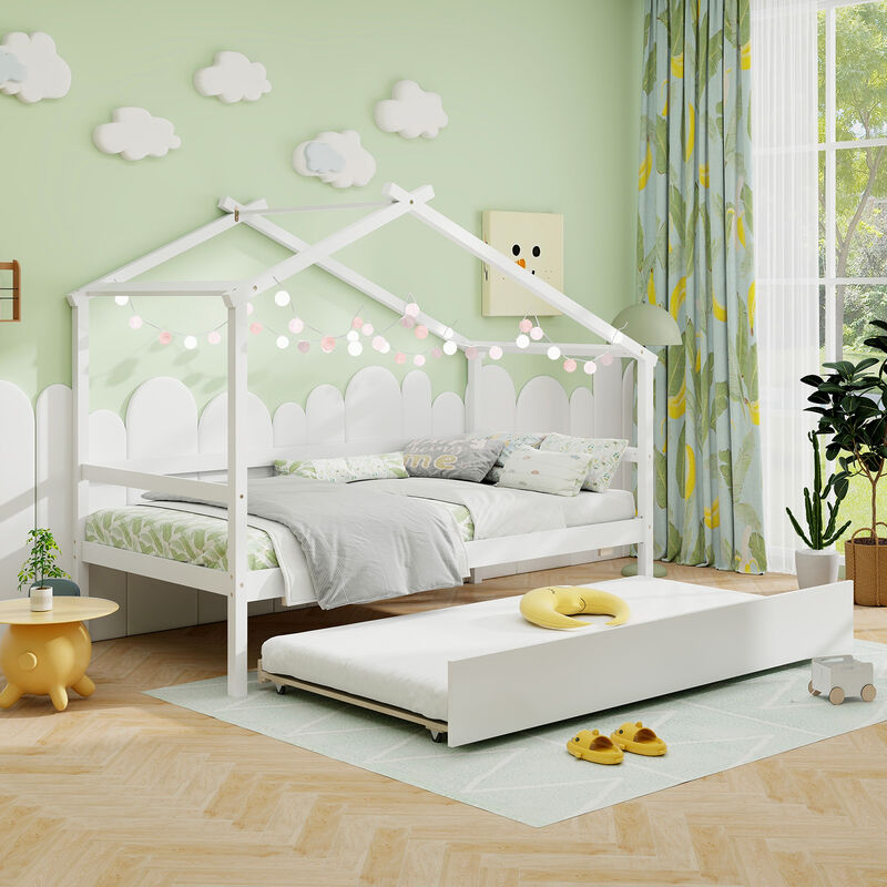 Kids Twin Size House Bed with Trundle and Roof Fun and Functional Sleep Space
