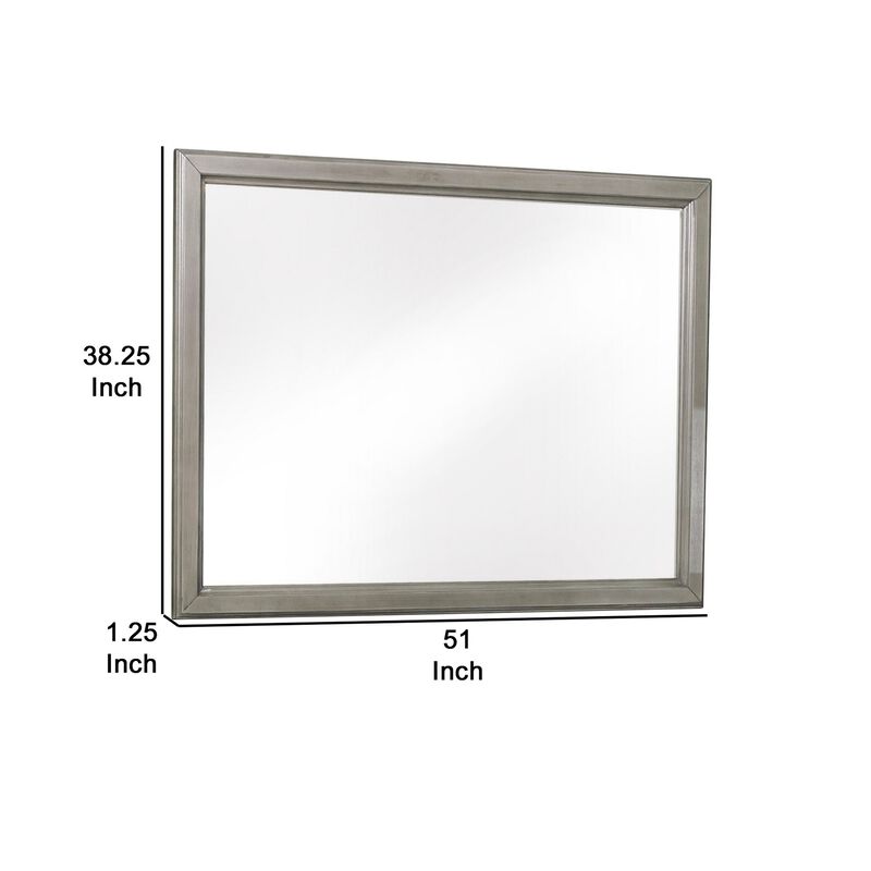 Wooden Square Mirror with Molded Details and Dual Texture, Gray-Benzara