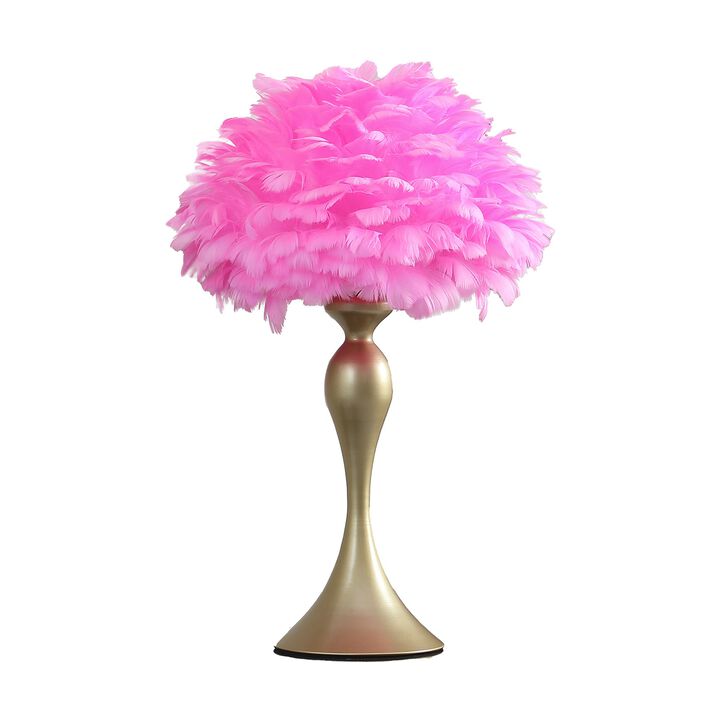 Lily 24 Inch Metal Glam Feather Table Lamp, Candlestick, 40W, Pink, Red-Benzara