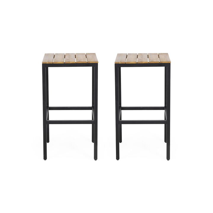 Barstool Set of 2, Straight Legs, Brown Acacia Wood, Black Iron Legs -Benzara