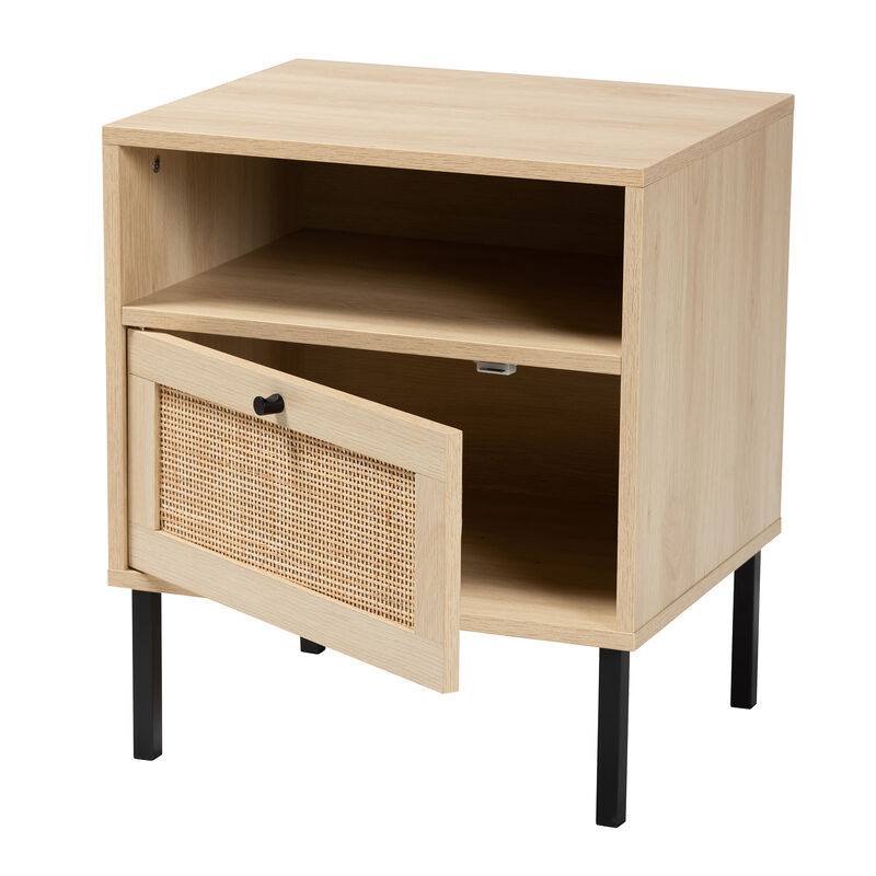 Baxton Studio Caterina Natural Brown Finished Wood and Natural Rattan 1 Door End Table