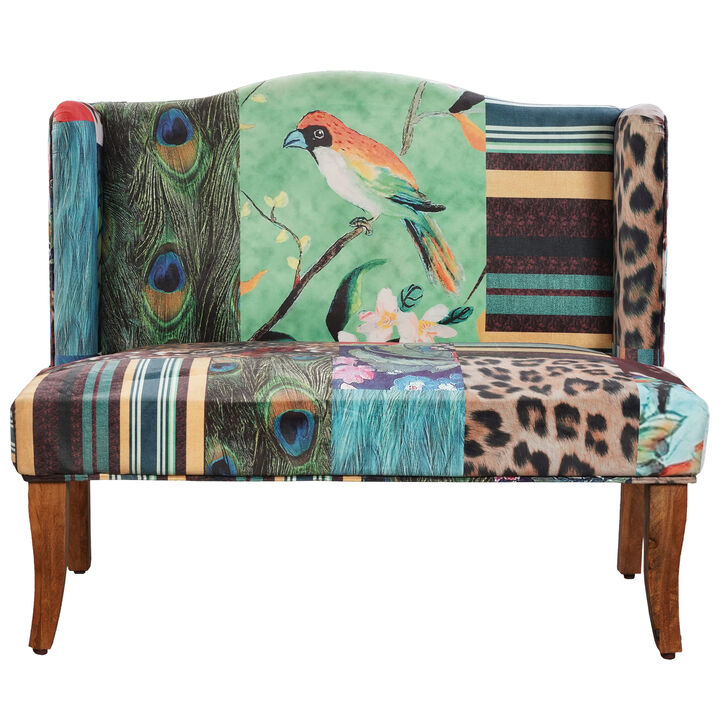 46 Inch Settee Loveseat Bench, Handcrafted Wingback Design, Bird Collage Print Velvet Fabric, Multicolor - Benzara