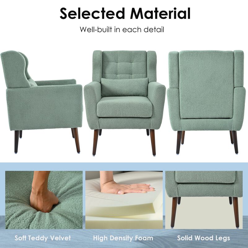 Mondawe Modern Accent Chair, Teddy Fabric Reading Armchair Comfy Padded Lounge with Pillow
