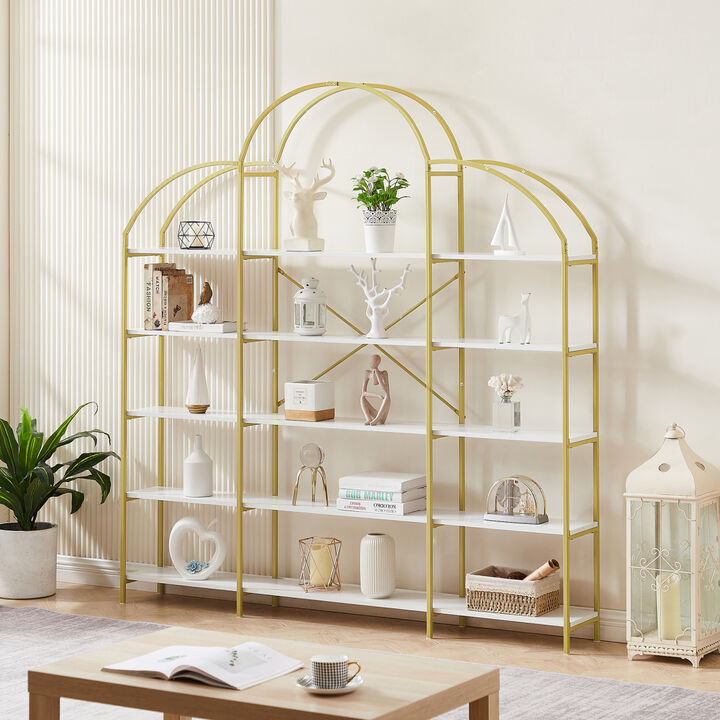 74.8 Inch 5 Tiers Office Bookcase Bookshelf, Display Shelf With Round Top, X Bar Frame