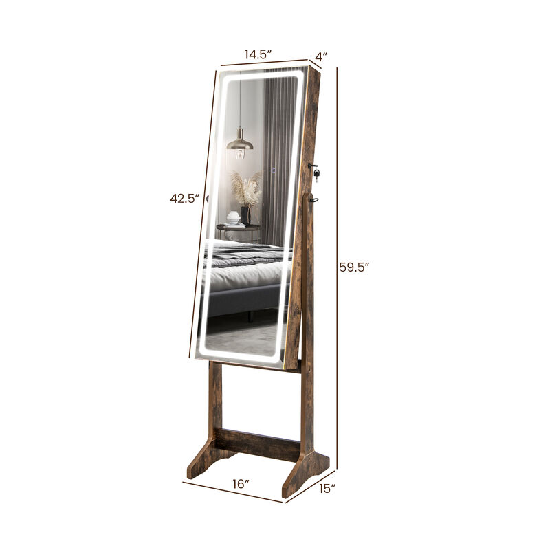 Lockable Jewelry Armoire Standing Cabinet with Lighted Full-Length Mirror-Coffee
