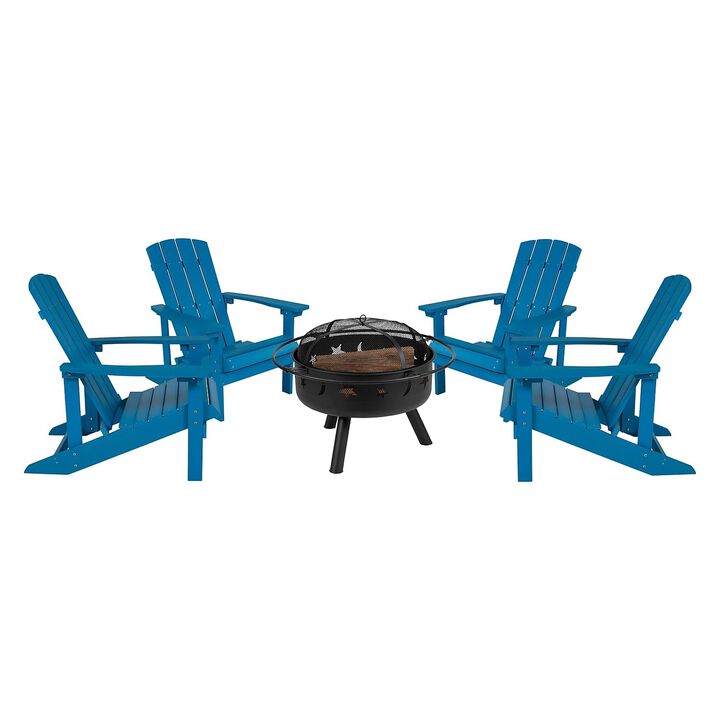 Flash Furniture 5 Piece Commercial Charlestown Adirondack Chair Set with Fire Pit - 4 Blue Poly Resin Wood Chairs - Star and Moon Fire Pit with Mesh Cover
