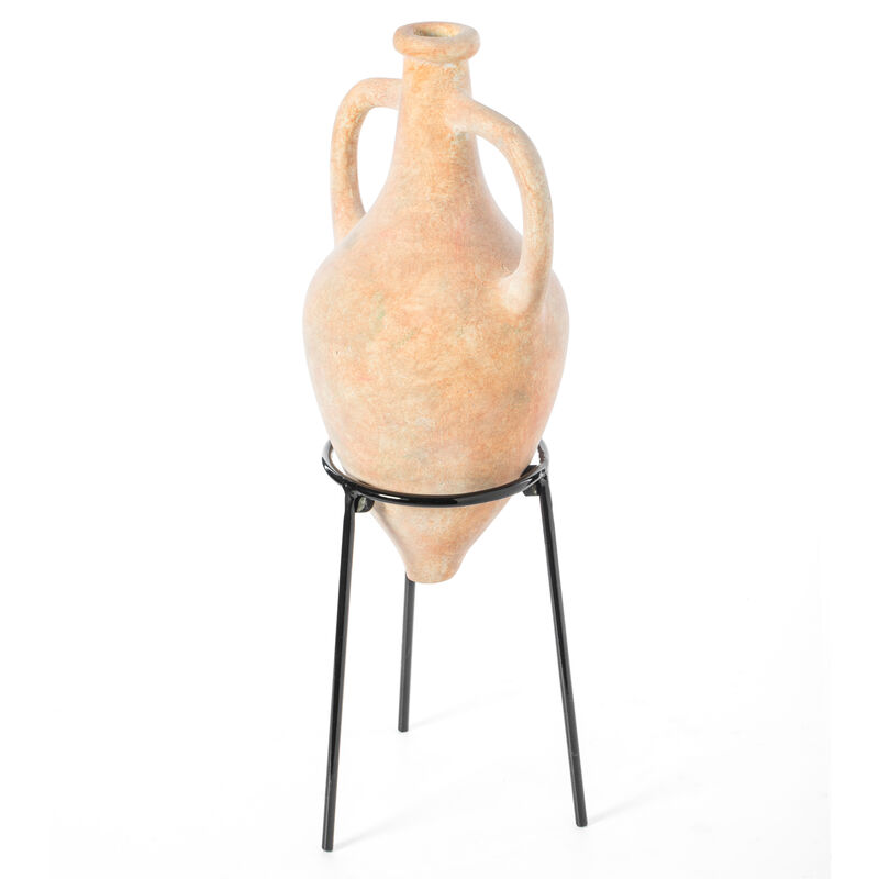 Antique Style Vase, Old Fashioned Magnificent Amphora, Decorative Large Tall Vase, Unique Vase on Slim Black Metal Tripod Stand, 21-Inch-Tall Beige Vase, Fill With Pampas Grass