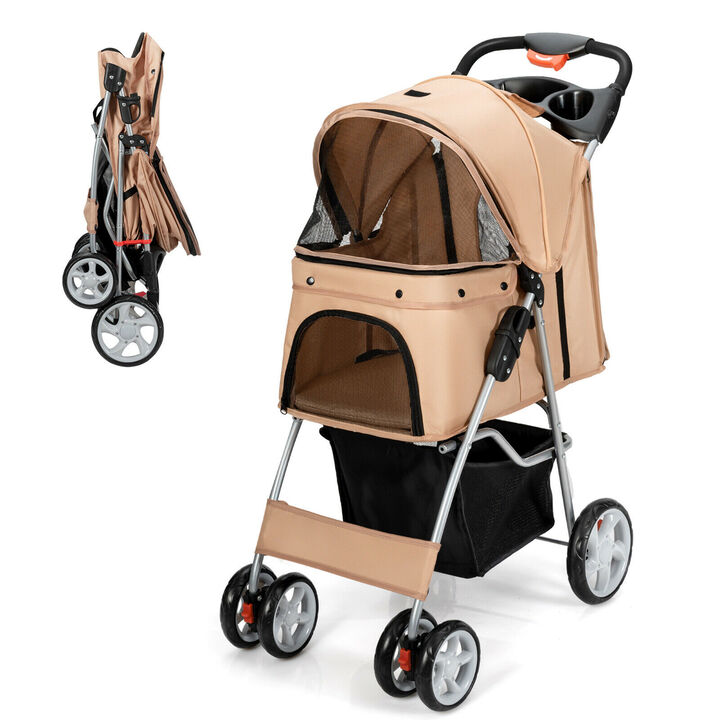 Costway Foldable Pet Stroller 4-Wheel Cat Dog Travel Carrier w/ Storage Basket