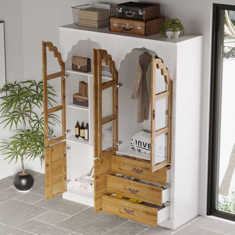 75.7 in. H Paint Finish Wooden Accent Storage Cabinet in Brown and White, Rustic Style, With Glass Doors and-Drawers