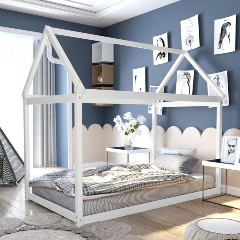 Hivvago Twin Size Kids House Bed Wood Frame with Roof