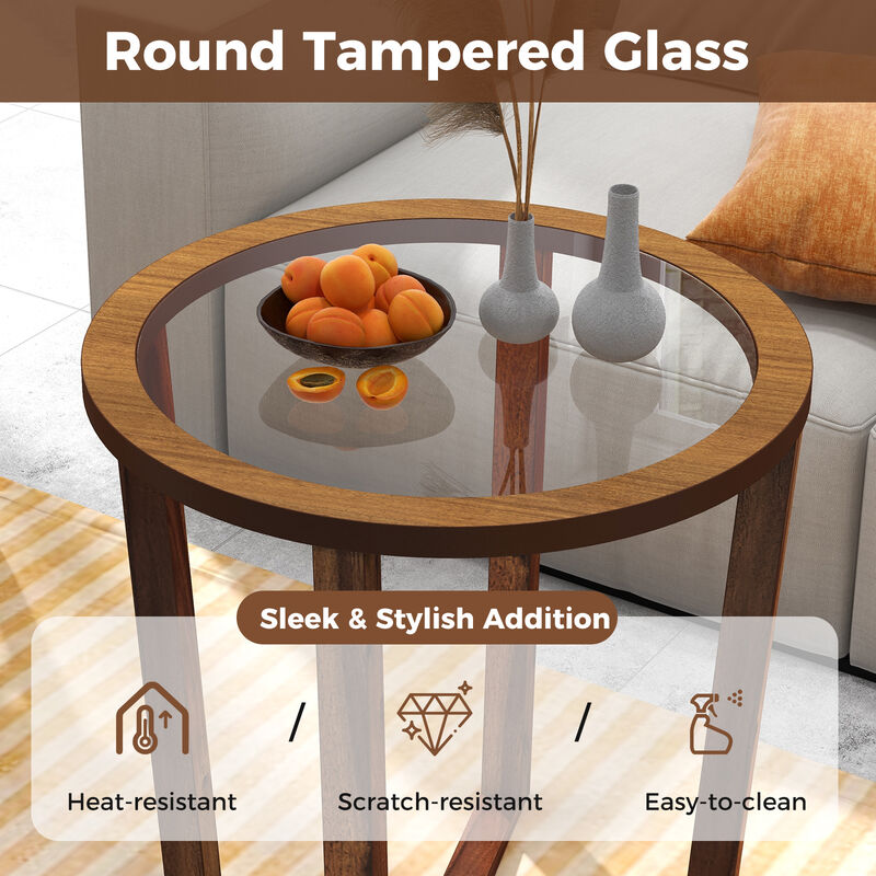 Modern Round End Table Sofa Side Table with Transparent Tempered Glass Top
