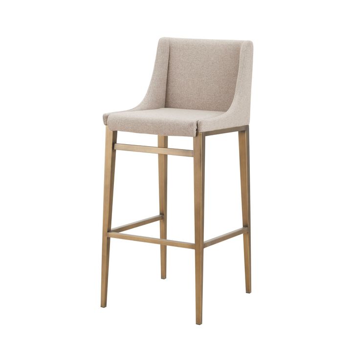 Cid Kenn 31 Inch Bar Stool, Set of 2, Beige Fabric, Brass Finished Legs-Benzara