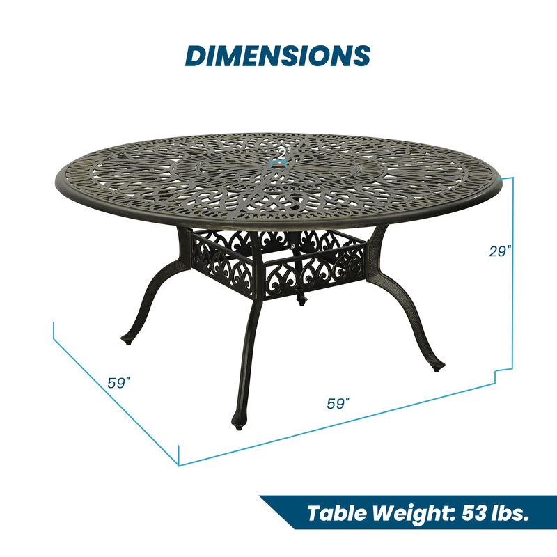 MONDAWE 59. in Cast Aluminum Patio Round Dining Table with Umbrella Hole in Antique Bronze