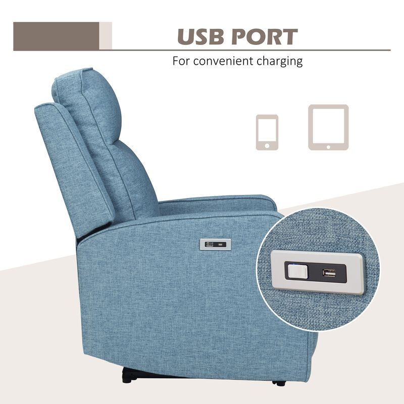 Blue Power Recliner: Wall Hugger Chair with Linen Upholstery