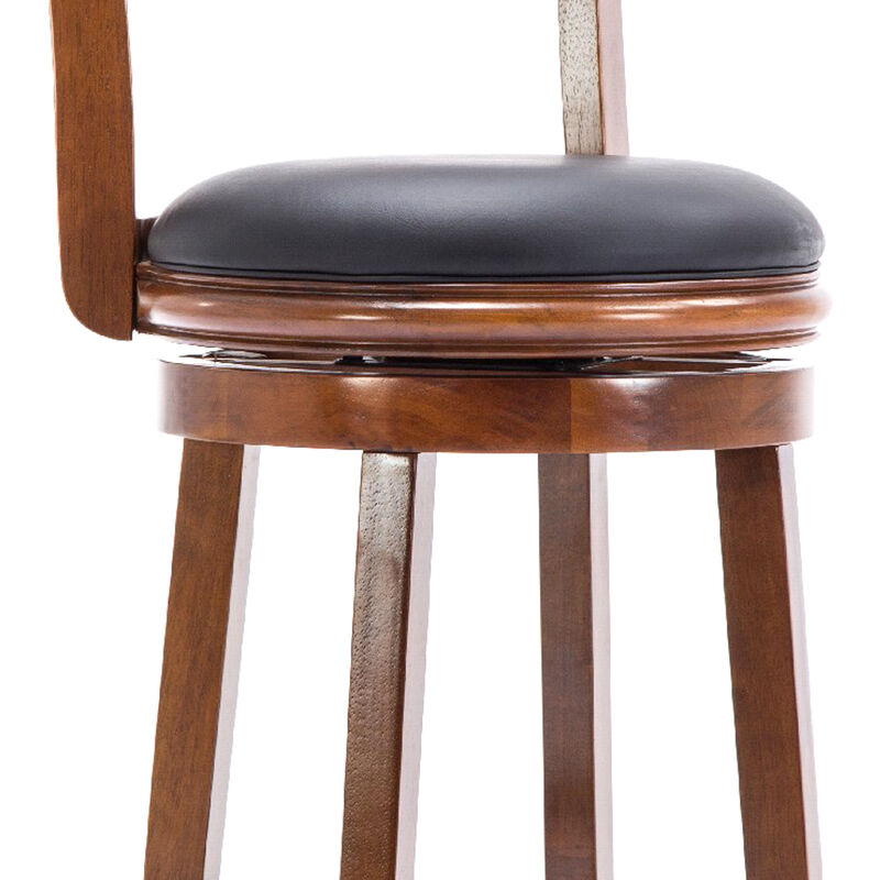 Pal 29 Inch Swivel Bar Stool, Solid Wood, Bonded Leather, Walnut Brown-Benzara