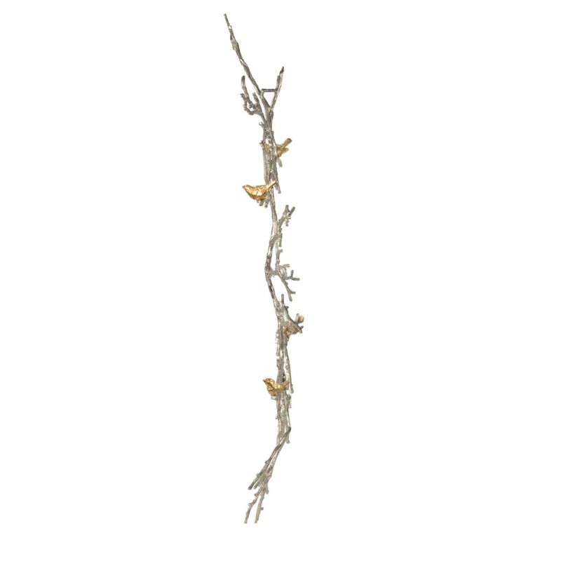 Branch Shape Aluminum Wall Decor with Gold Accented Four Birds, Silver - Benzara