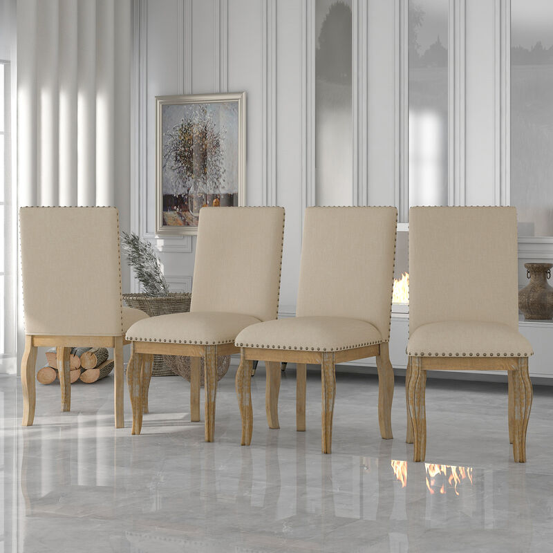 Set Of 4 Dining Chairs Wood Upholstered Fabirc Dining Room Chairs With Nailhead