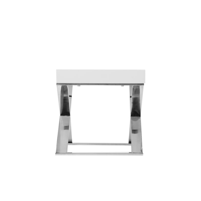 Rix 21 Inch Side End Table, 1 Drawer, X Shape Steel Legs, White Wood Top - Benzara