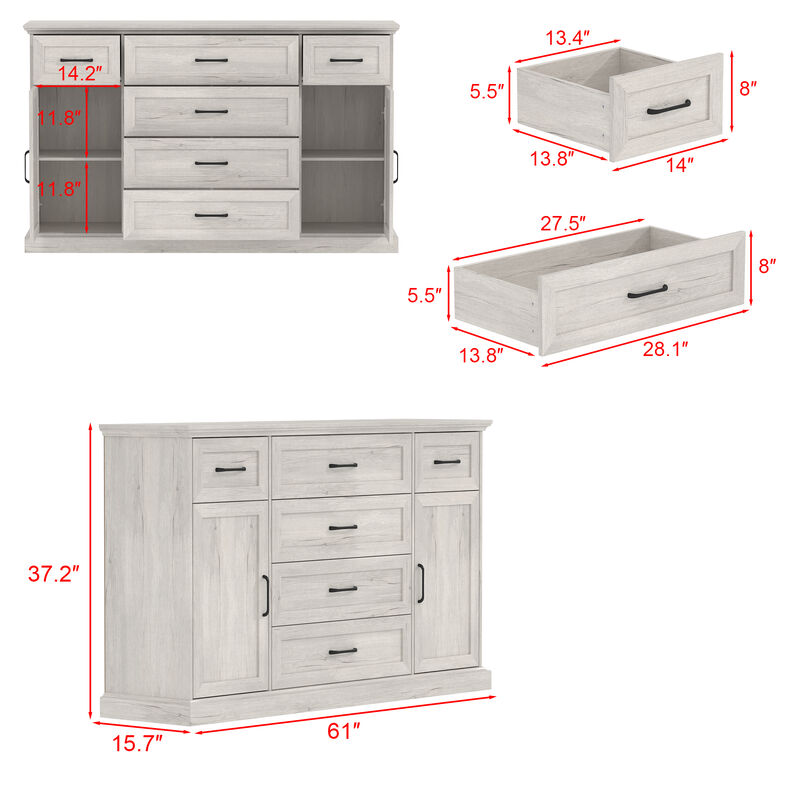 61" W Farmhouse Sideboard Buffet Storage Cabinet Credenza with 6 Drawers, 4 Shelves & 2 Doors, Wooden Coffee Bar Cabinet for Dining Room Kitchen Living Room