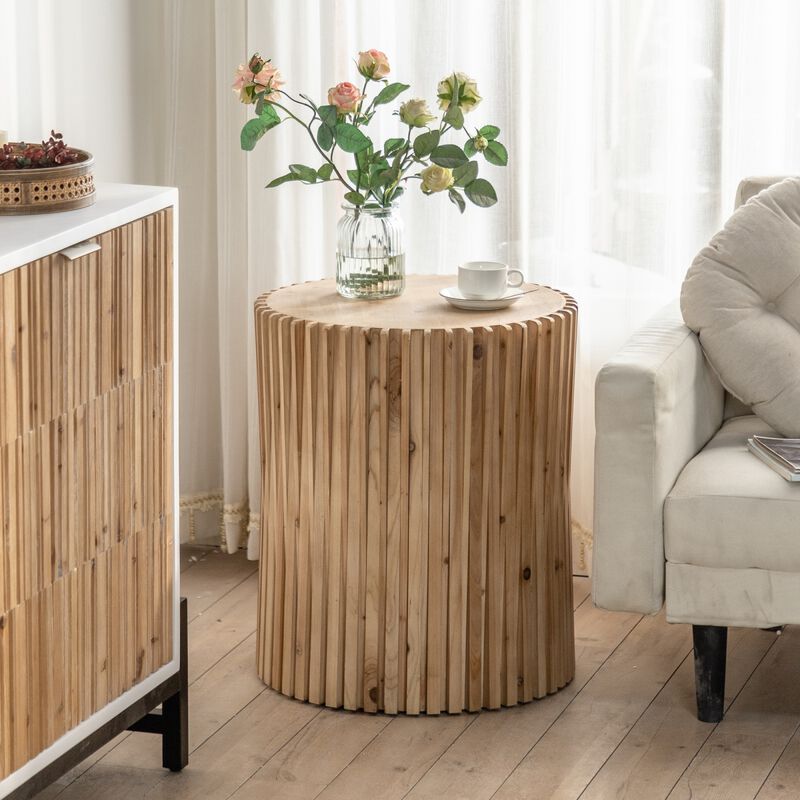 Retro Fashion Style Cylindrical Coffee Table With Vertical Texture Relief Design, Suitable