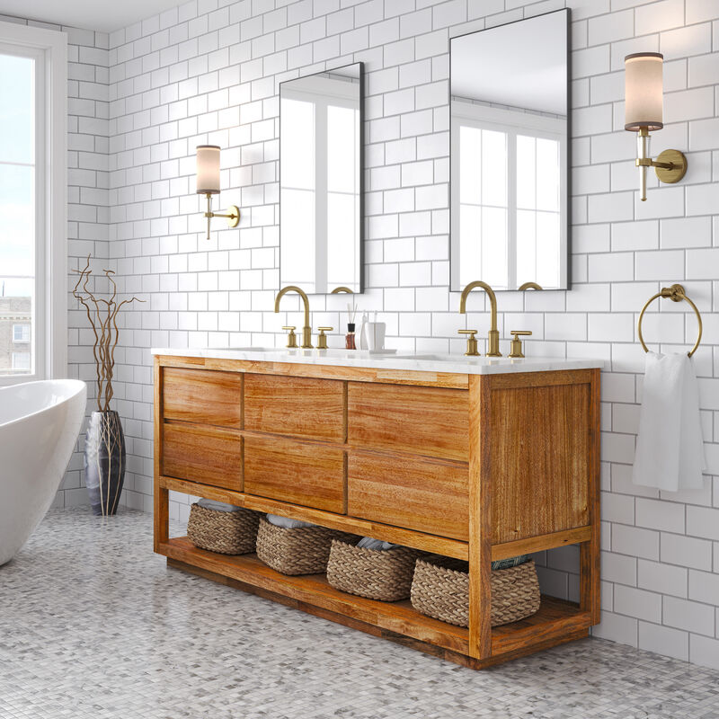 Oakman 72 In. Double Sink Carrara White Marble Countertop Bath Vanity in Mango Wood