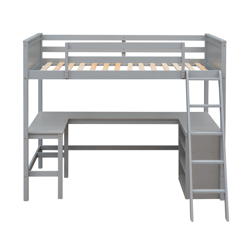 Twin Size Loft Bed With Shelves And Desk, Wooden Loft Bed With Desk