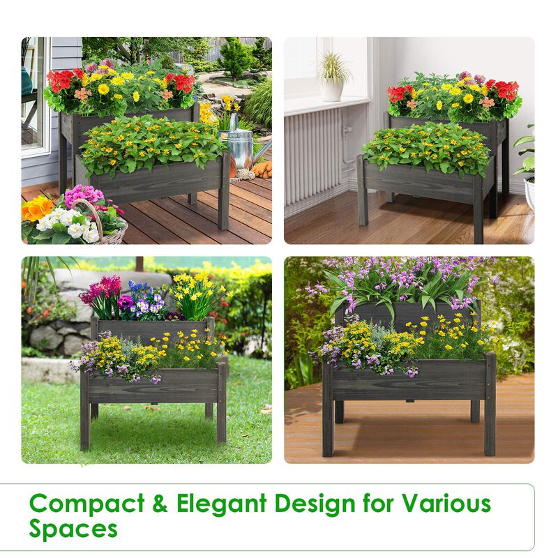 2 Tier Wooden Elevated Planter Box with Legs and Drain Holes for Balcony and Yard