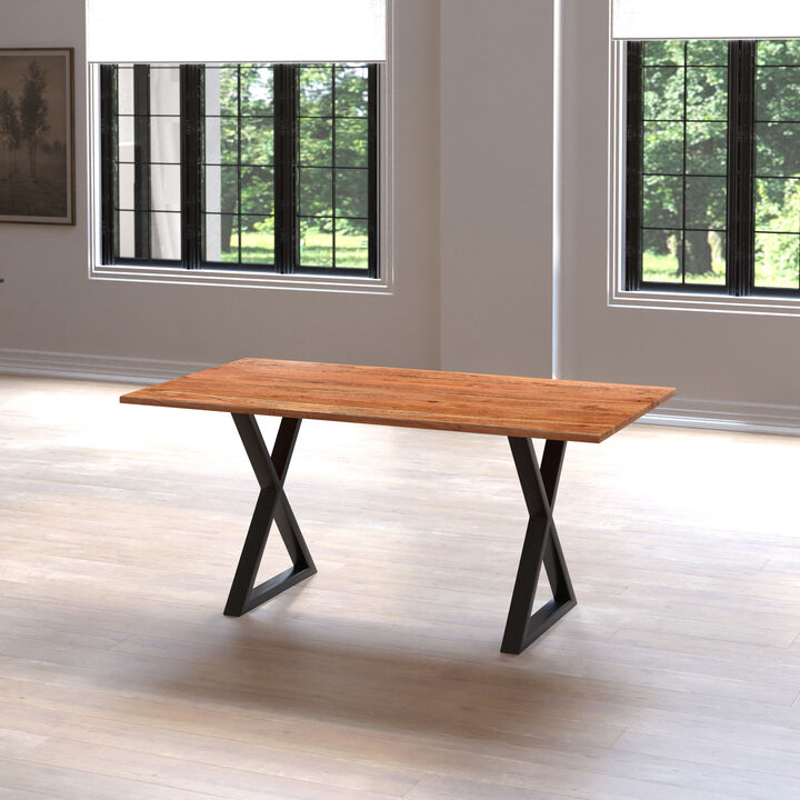 67 Inch Rectangular Dining Table with Crossed Black Metal Legs and Natural Brown Faux Live Edge Acacia Wood Top-Benzara
