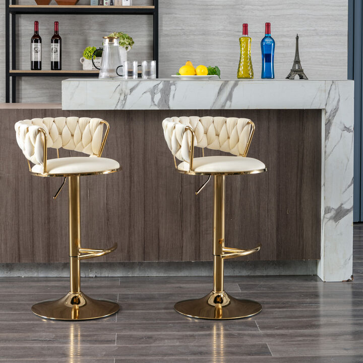 Set of 2 Bar Stools, with Chrome Footrest and Base Swivel Height Adjustable Mechanical Lifting Velvet + Golden Leg Simple Bar Stool-Cream