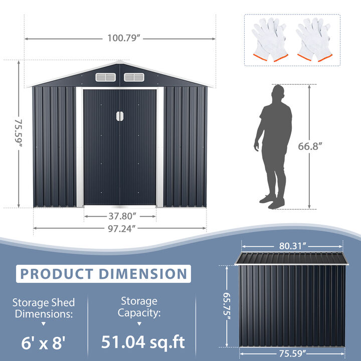 6' x 8' Outdoor Metal Storage Shed Garden Tool Organizer House