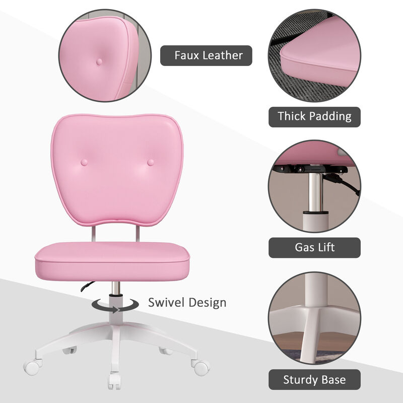 Vinsetto Cute Armless Office Chair, Small PU Leather Computer Desk Chair, Vanity Task Chair with Adjustable Height, Swivel Wheels, Mid Back, Pink