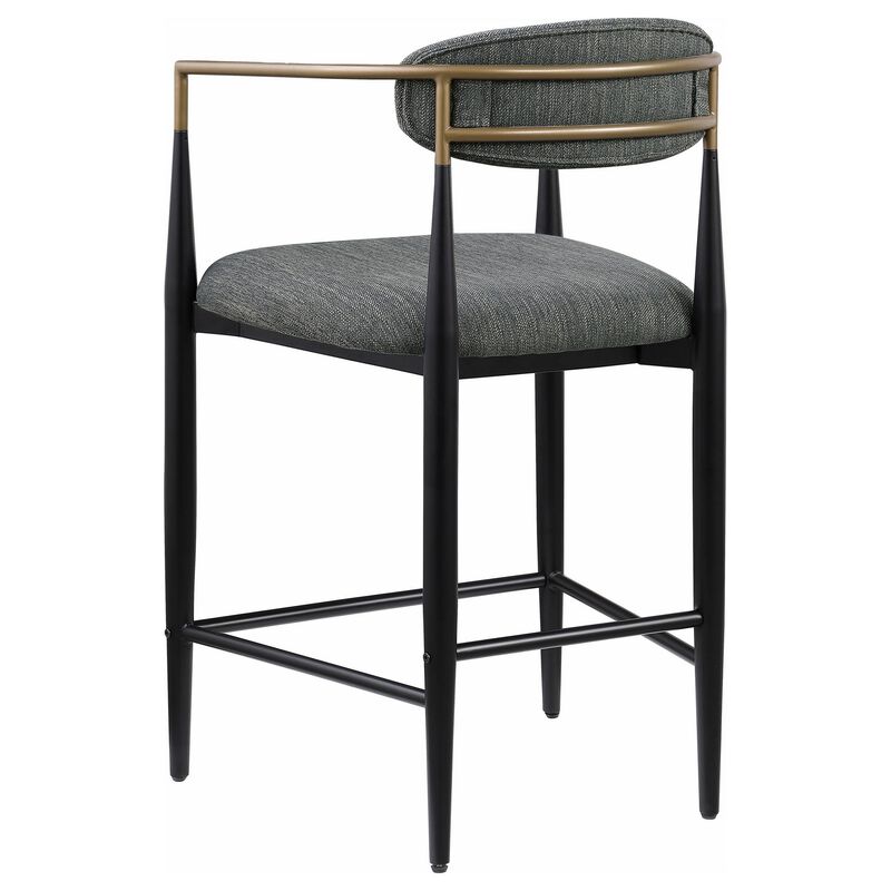 Tiara Counter Chair Set of 2, Gray Fabric, Gold, Black Metal 25 Inch - Benzara