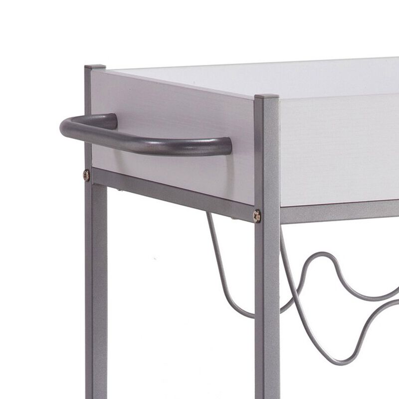 Kelcy 34 Inch Modern Kitchen Bar Cart, 3 Shelves, Wine Rack, Wheels, White - Benzara
