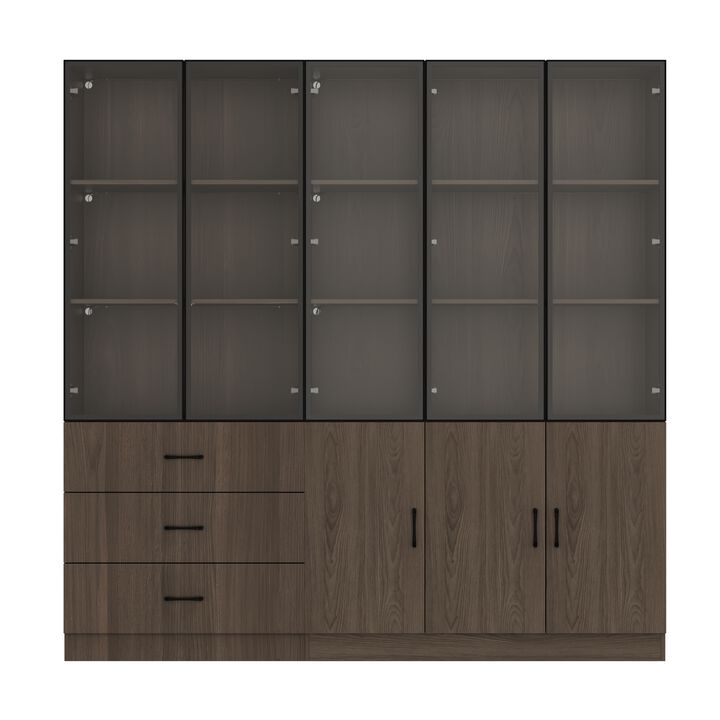 78.7”W Display Cabinet Curio Cabinet with Light & Pop-up Glass Doors, Storage Cabinet Bookcase with 5-Tier Shelves & 3 Drawers for Living Room/Home Office, Dark Brown (78.7”W x 15.7”D x 78.7”H)