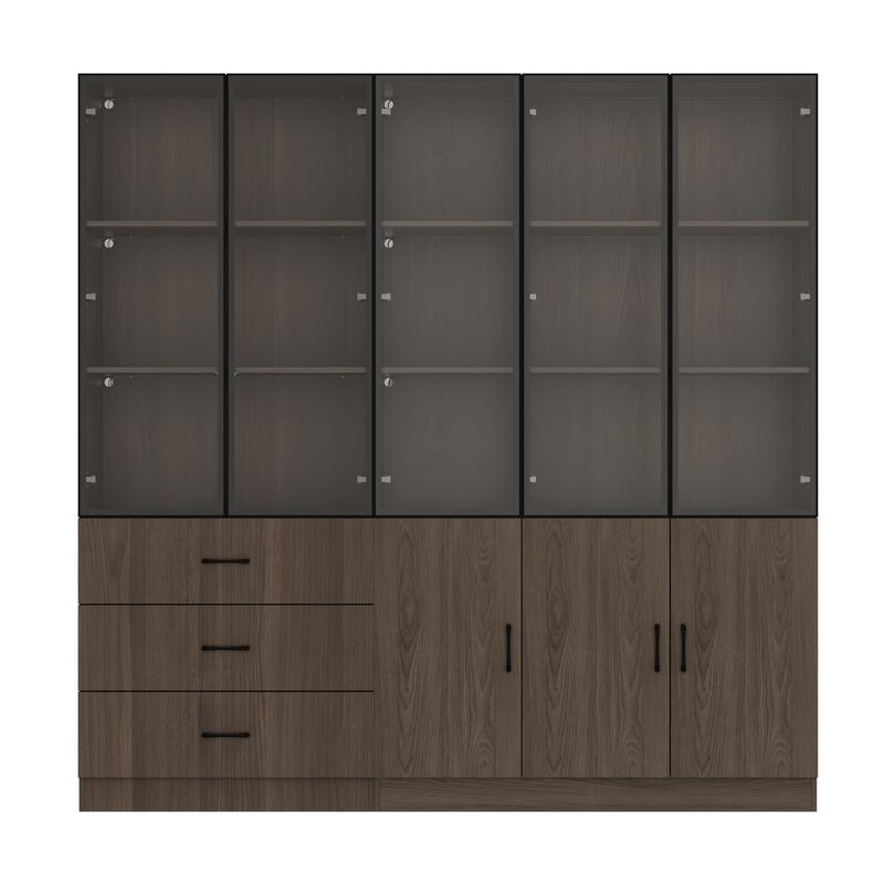 78.7”W Display Cabinet Curio Cabinet with Light & Pop-up Glass Doors, Storage Cabinet Bookcase with 5-Tier Shelves & 3 Drawers for Living Room/Home Office, Dark Brown (78.7”W x 15.7”D x 78.7”H)