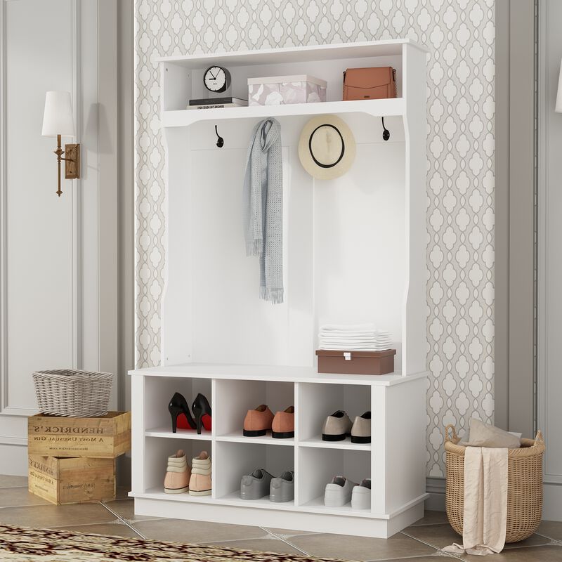 White Painted Hall Tree with Bench and Storage Cubbies