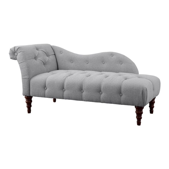 Selena 66 Inch Chaise Lounger, Tufted Gray Polyester, Brown Solid Wood - Benzara